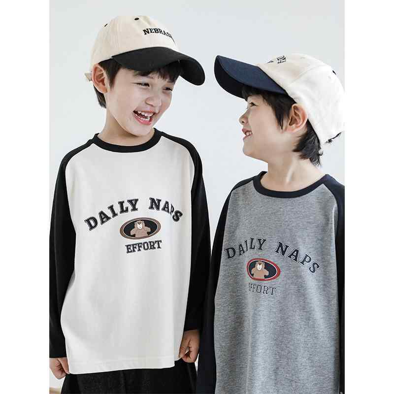 Tシャツ キッズ 男の子 小熊 ベアプリント ロゴ 長袖 春秋 子供 配色 ラグラン袖 80cm 90cm 100cm 110cm 120cm 130cm 140cm 綿100% 柔らかい 普段着 かわいい 幼稚園 保育園