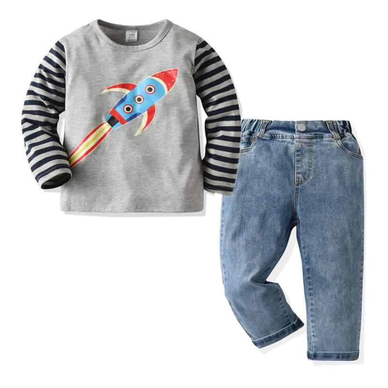 子供用セットアップ 長袖Tシャツ デニムパンツ 2点セット ロケット柄プリント ボーイズ 男の子 幼児 園..