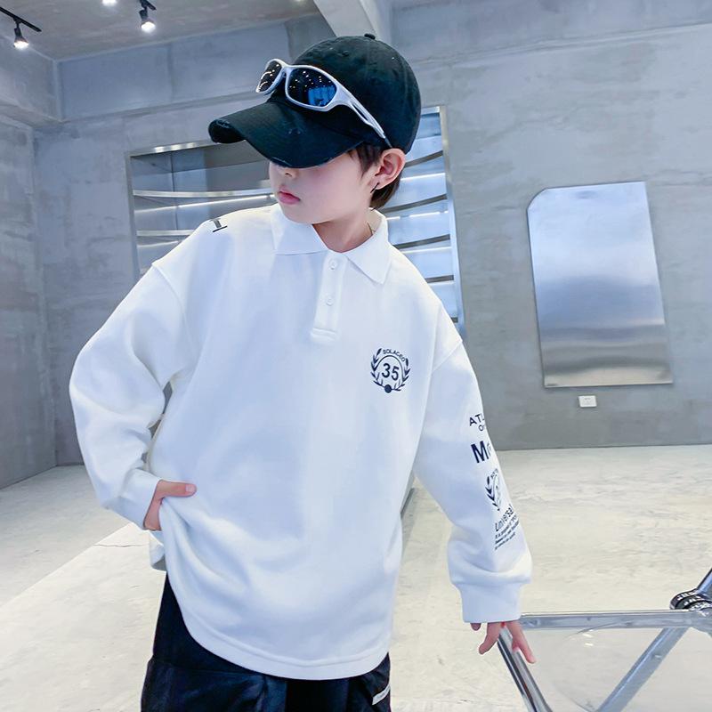 キッズ スウェット 春秋 韓国風 子供服 男の子 POLOシャツ 長袖 トップス ゆったり カジュアル 綿混紡 120cm 130cm 140cm 150cm 160cm 170cm 黒 白(x2)(4)