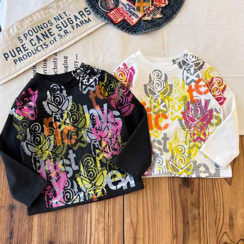 Tシャツ キッズ 子供服 長袖Tシャツ ミドル丈トップス 春秋 綿100% 落書きプリント 日系 ミドルグレー ..