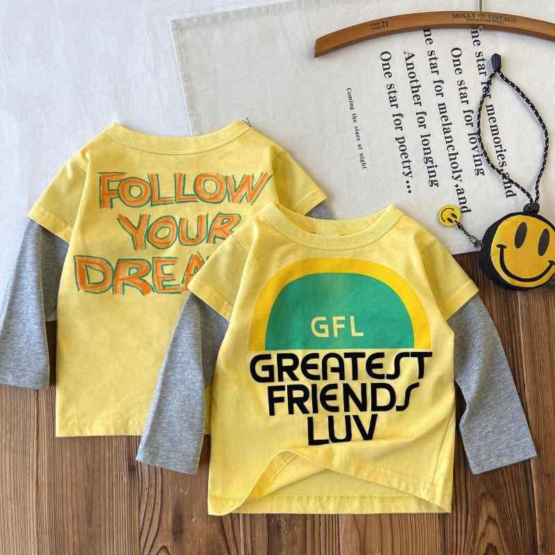 Tシャツ キッズ 長袖 子供服 英字 プリント グレー 切り替え 春秋 綿100% 普段着(x5)