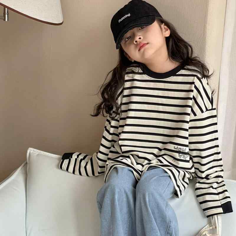 Tシャツ キッズ 長袖 春秋 子供服 女の子 丸首 ストライプ トップス カットソー カジュアル 普段着 通園 通学 110cm 120cm 130cm 140cm 150cm 160cm