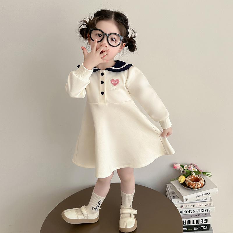 ワンピース 女の子 春秋 ニット 長袖 子供服 ハート 刺繍 かわいい Aライン 膝丈 学院風 発表会 普段着 ネイビー 紺色 ピンク アイボリー