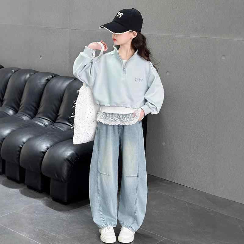 子供用セットアップ ガールズ 女児 スウェット Tシャツ デニムパンツ 3点セット 長袖 春秋 中大サイズ ..