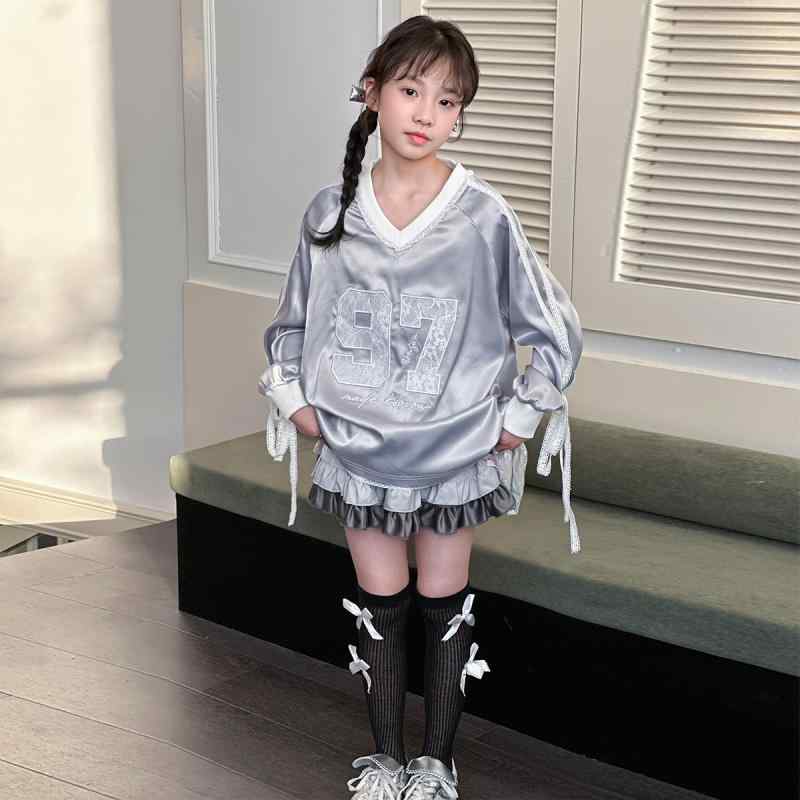 子供服 女の子 Vネック Tシャツ チュールスカート セットアップ ガールズ スポーツMIX スタイル 春秋 2点セット 普段着 120cm 130cm 140cm 150cm 160cm 170cm