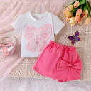 子供服 女の子 Tシャツ ショートパンツ 上下セット 2点セット 春夏 長袖 蝶結び付き コットン カジュアル かわいい おしゃれ キッズ ガールズ 子供 幼児 普段着(x2)(4)
