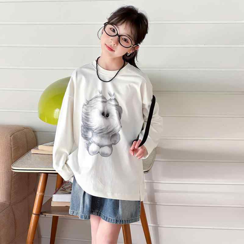 Tシャツ ガールズ 春秋 長袖 子供服 トップス 大童 女の子 かわいい 吸湿速乾 杏色 深灰色 格子柄(4)