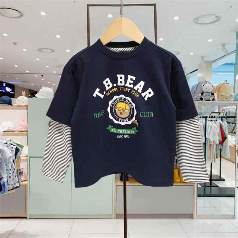 Tシャツ 男の子 長袖 切り替え カットソー 春秋 中童 大童 子供服 トップス コットン カートゥーン 柔らかい 紺色(4)