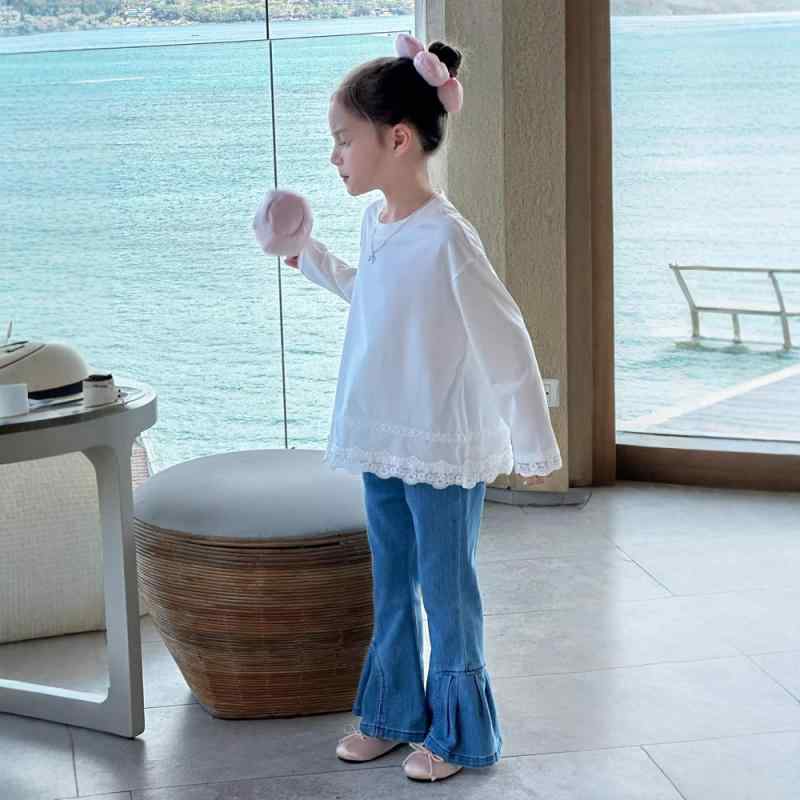 Tシャツ 女の子 キッズ 子供服 レース フリル 切り替え トップス 長袖 春 かわいい おしゃれ ガールズ ..