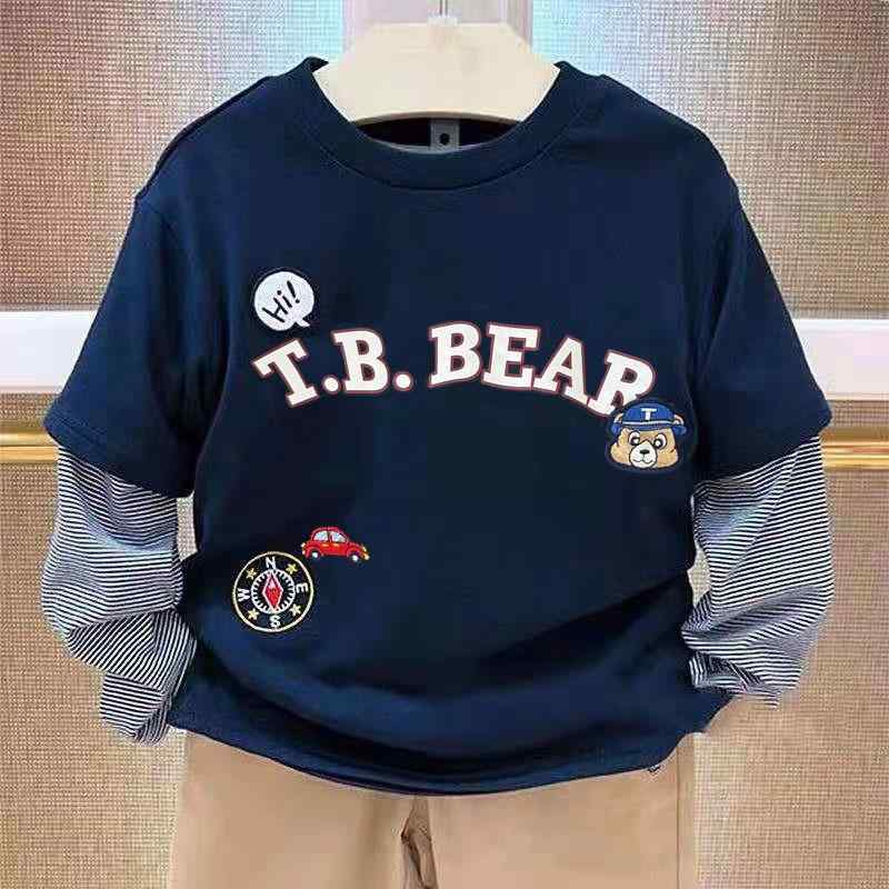 Tシャツ キッズ ボーイズ 長袖 コットン クマ柄 ストライプ トップス 秋 春(4)