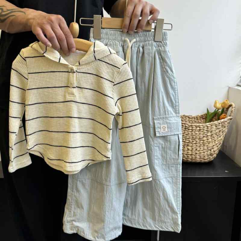 子供用長袖Tシャツ ストライプ柄フード付きトップス &amp; パンツ 2点セット 子供服 女の子 普段着 韓国風 綿95% 100cm 110cm 120cm 130cm 140cm
