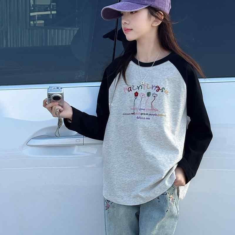 Tシャツ ガールズ 長袖 子供服 刺繍 トップス 春秋 大童 ゆったり カットソー 綿100% グレー(x2)