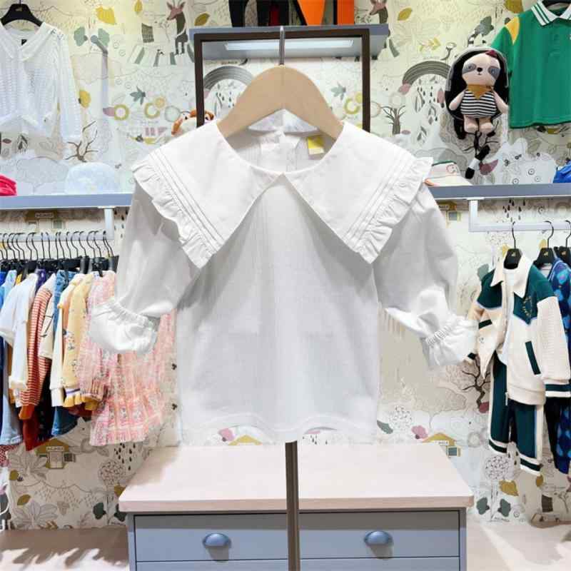 Tシャツ ガールズ 韓国風 子供服 長袖 トップス かわいい 大襟 コットン 白 無地 90cm 100cm 110cm 120cm 130cm