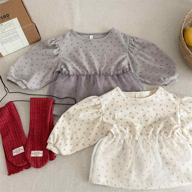 Tシャツ キッズ 長袖 春秋 ベビー 女の子 花柄 レース フリル 裾ギャザー 丸首 カットソー トップス か..