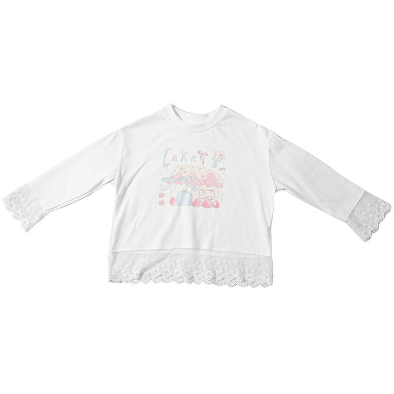 Tシャツ ガールズ レース 切り替え トップス かわいい プリント 長袖 Tシャツ カットソー インナーシャ..