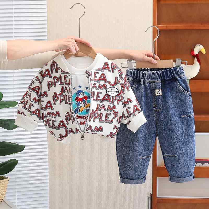 キッズ 服 セットアップ 春秋 長袖 ジャケット Tシャツ デニムパンツ 3点セット 男女兼用 ベビー 幼児 80 90 100 110 120cm 綿60% かわいい 普段着 韓国風 レッド グリーン