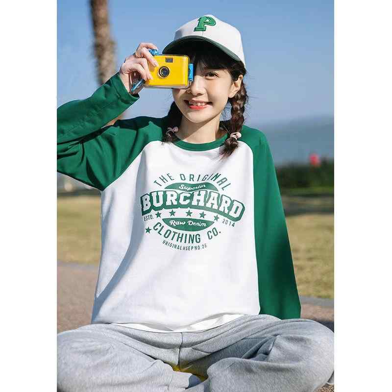 Tシャツ レディース 大学生 高校生 アメリカン レトロ カレッジスタイル ラグラン袖 長袖 ゆったり カットソー 秋冬 グリーン 綿(x2)