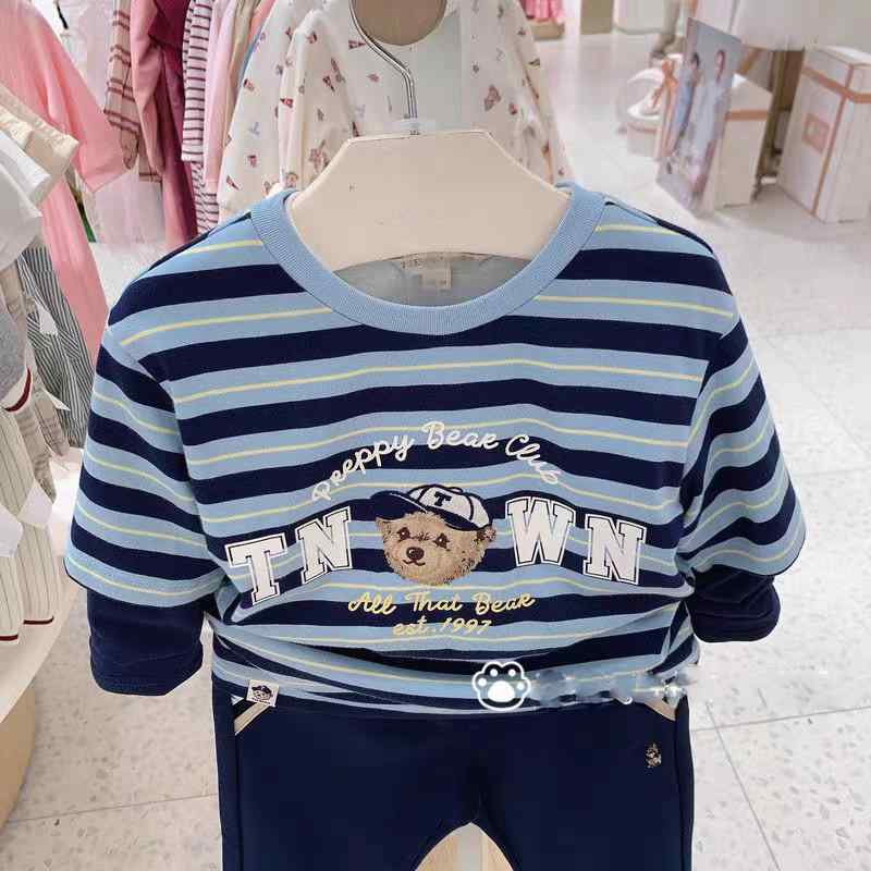 Tシャツ キッズ 長袖 春秋 綿100% ストライプ クルーネック 刺繍 トップス 子供服 男の子 110cm 120cm ..