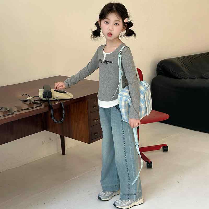 子供服 女の子 セットアップ 長袖Tシャツ ストレート デニムパンツ 2点セット ガールズ 女児 8歳以上 ..