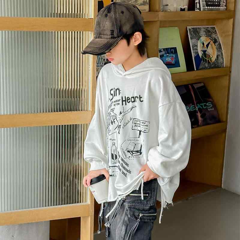キッズ パーカー 長袖Tシャツ 春秋用 トップス ボーイズ 子供服 破れ加工 フード付き スポーツMIXスタイル カジュアル 普段着 綿90％ ホワイト