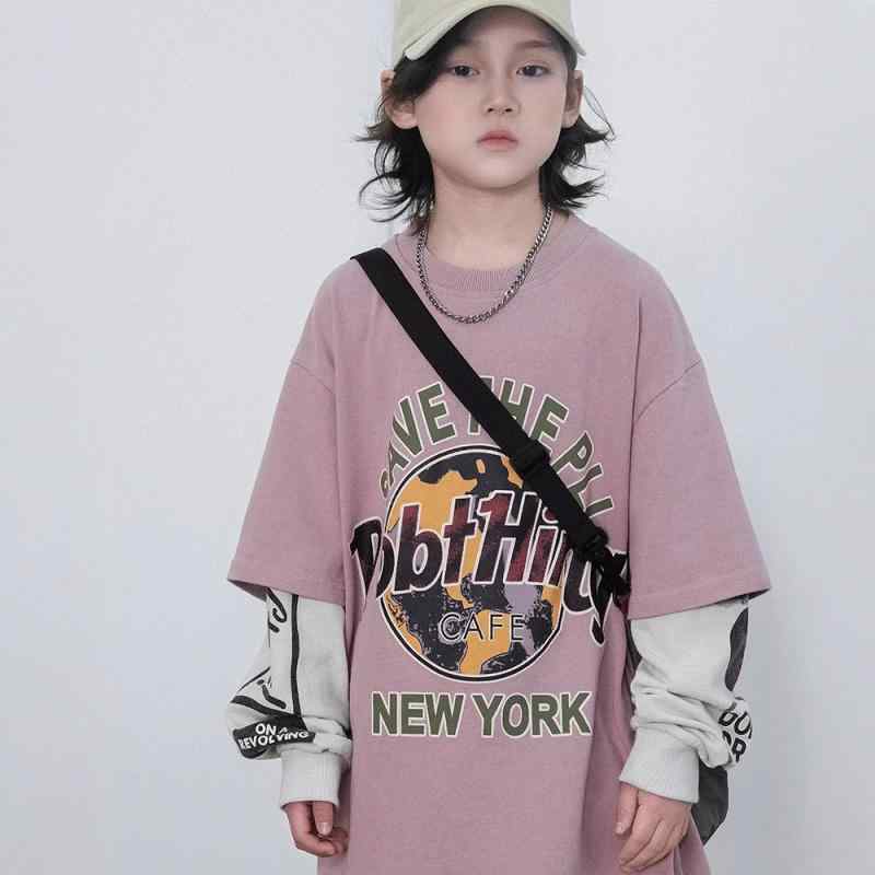 Tシャツ キッズ 男の子 長袖 春秋 子供服 重ね着風 カットソー 大童サイズ 吸湿速乾 ピンク系(4)