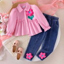 キッズ 女の子用 パンツセット 立体花柄 長袖シャツ デニムロングパンツ ピンク系 4Y 5Y 6Y 7Y(x2)(4)
