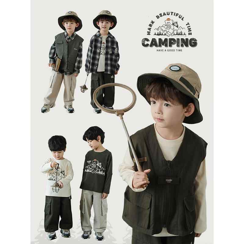 子供用ベスト 男の子 Tシャツ 長袖 襟付きシャツ セットアップ 秋物 綿100％ ミリタリーグリーン ベー..