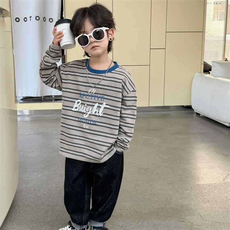 Tシャツ キッズ 男の子 春物 長袖 ボーダー柄 子供服 トップス カットソー 綿100% 普段着 保温 伸縮性 グリーン系 カーキ系(4)