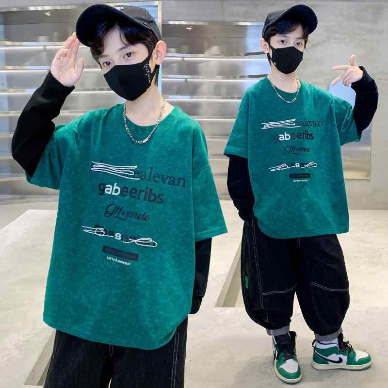 Tシャツ キッズ 男の子 長袖 春秋 トップス 子供服 綿100% 無地 普段着 通学着 グリーン 120cm 130cm 140cm 150cm 160cm 170cm(x2)(4)