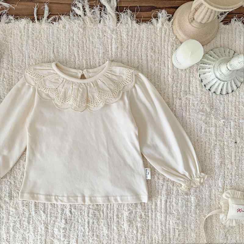 Tシャツ ベビー キッズ 女の子 刺繍 フリル 襟付き 長袖 トップス カットソー 子供服 かわいい 綿100% ベージュ(x3)