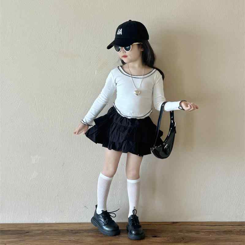 Tシャツ 子供服 女の子 長袖 トップス ケーキスカート セットアップ 春秋 綿100％ カットソー ガールズ..
