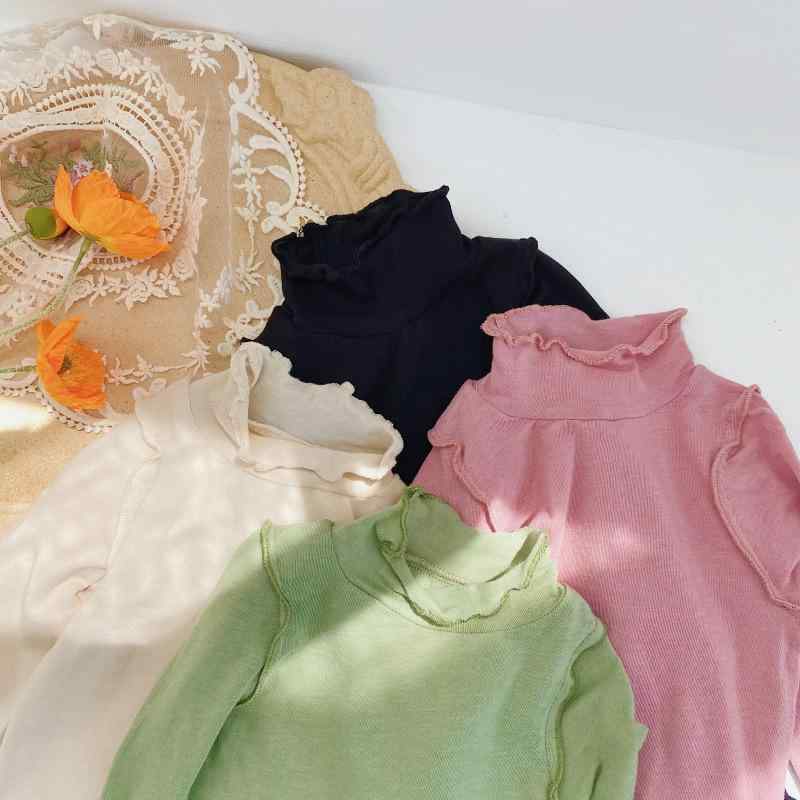 Tシャツ キッズ 女児 子供服 カットソー 長袖 無地 モックネック フリル付き 春秋 綿100% 80cm 90cm 100cm 110cm 120cm 130cm 140cm グリーン ピンク系 ベージュ ブラック(x2)(4)