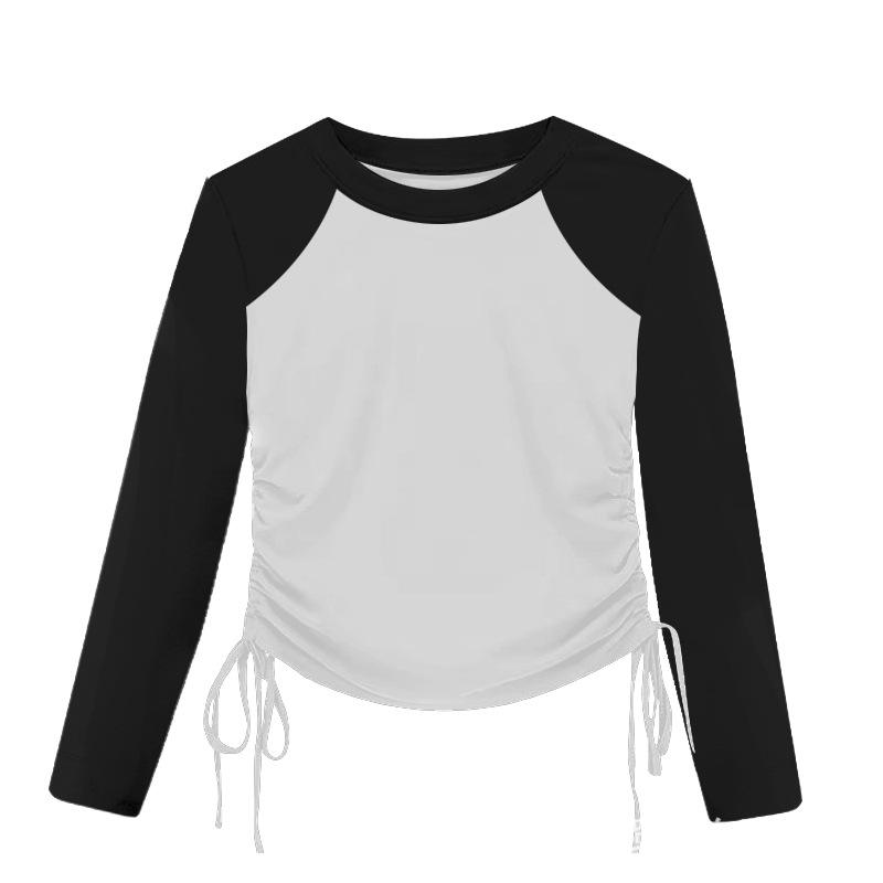 Tシャツ 女の子 長袖 Tシャツ 無地 切り替え コットン ドローストリング デザイン 韓国風 ガールズ トップス カジュアル ブラック袖 ワインレッド袖 ブラウン袖(x3)(4)