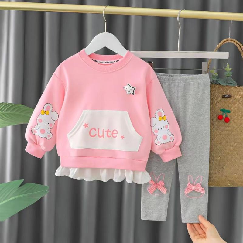 子供用セットアップ 長袖Tシャツ トレーナー ガールズ 秋物 洋風 かわいい 上下セット 普段着 部屋着 ピンク系 イエロー オレンジ ポリエステル