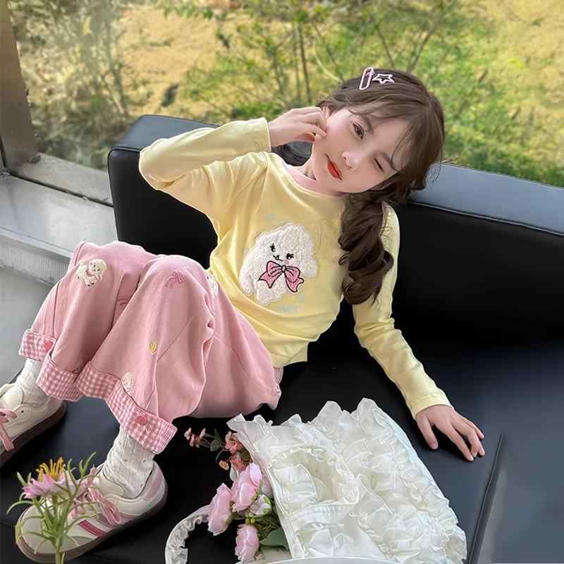 Tシャツ 女の子 長袖 春秋 かわいい 子犬 刺繍 子供 トップス ピンク系 普段着 通学着(4)