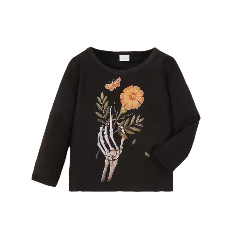 Tシャツ キッズ 男女兼用 長袖 スカルプリント カジュアル トップス 子供 幼児 普段着 ポリエステル ブ..