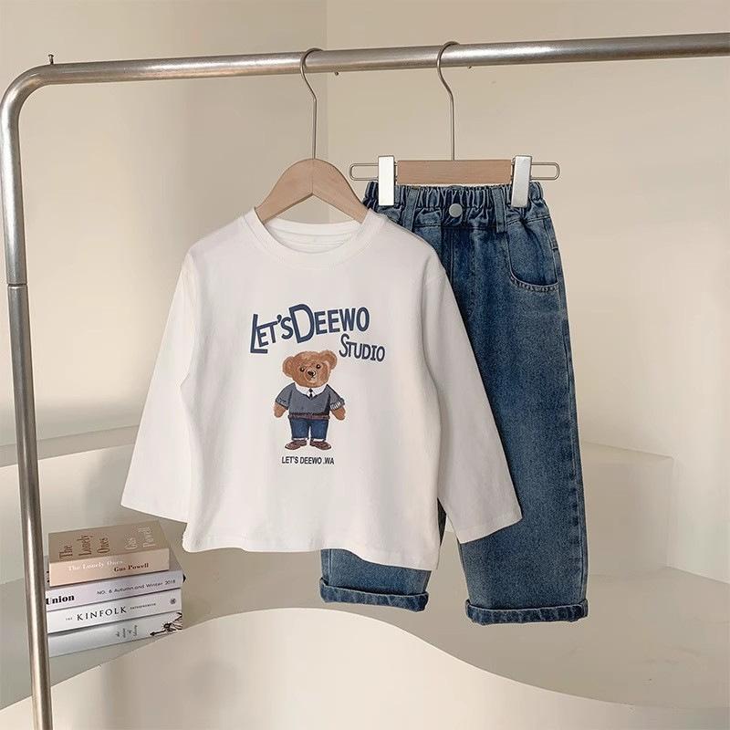 子供用Tシャツ 男女兼用 長袖 綿100％ インナーシャツ アルファベット ベア柄 プリント クルーネック ..