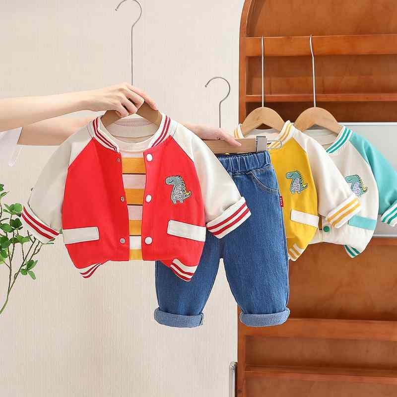 子供用セットアップ 長袖 トップス パンツ ジャケット 3点セット 恐竜 刺繍 コットン 薄手 春秋 80 90 100 110 120cm 男の子 かわいい ボーイズ カジュアルスタイル(x2)