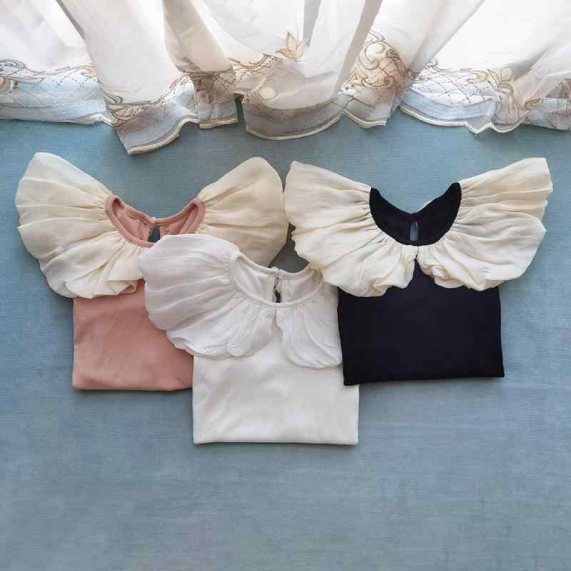 Tシャツ ガールズ 花襟 長袖 子供服 トップス カットソー 女児 女の子 かわいい プリンセススタイル 90cm 100cm 110cm 120cm 130cm 140cm ピンク ブラック オフホワイト 春秋(4)