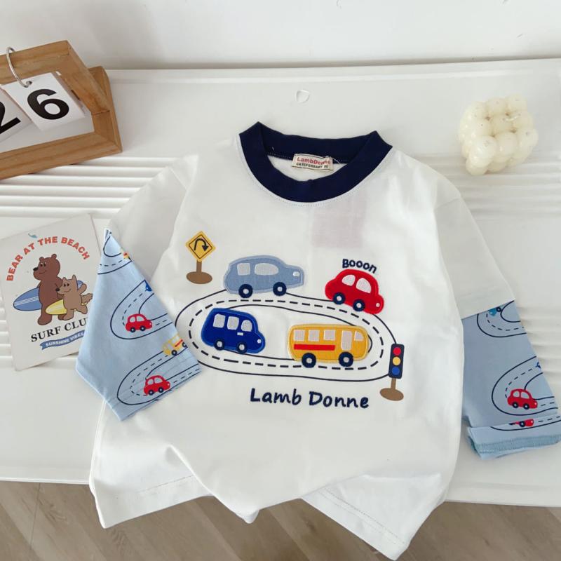 Tシャツ キッズ 長袖 春秋 トップス 子供服 男の子 車柄 重ね着風 コットン100％ 90 100 110 120 130cm