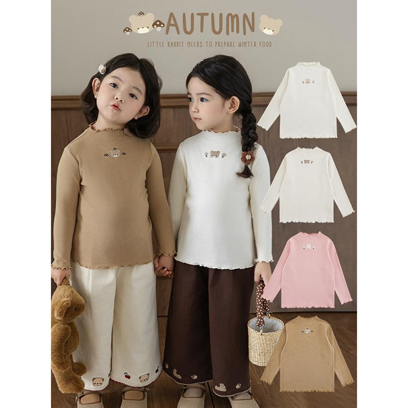 Tシャツ ガールズ 子供服 長袖 カットソー 刺繍 コットン100％ トップス かわいい 小熊 ウサギ ベージ..