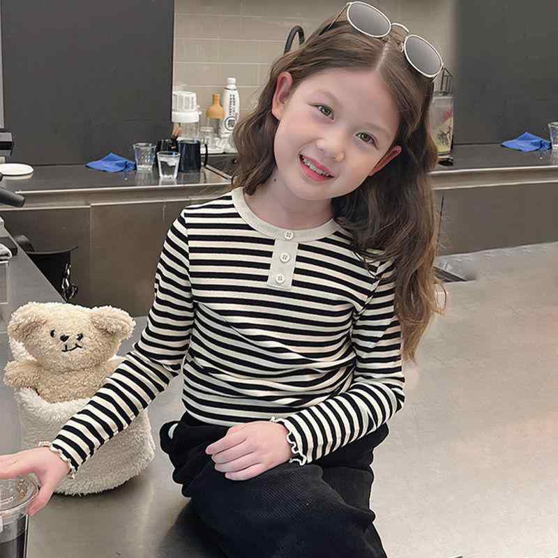 Tシャツ キッズ 女の子 長袖 トップス 春秋 ストライプ カットソー 子供服 韓国風 ガールズ カジュアル..