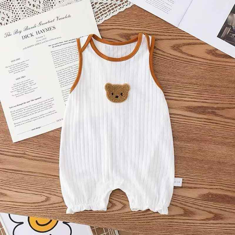 ベビー服 夏物 ノースリーブ ロンパース 薄手 新生児 コットン かわいい 白 小熊 男女兼用 66cm 73cm 80cm 90cm