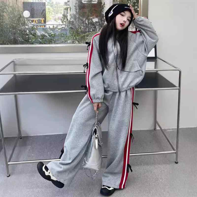 子供用セットアップ パンツセット ガールズ ジャージ 上下セット スポーティー カジュアル ウェア 春秋 薄手 長袖 長ズボン グレー ブラック