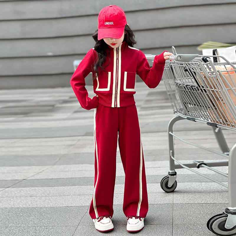 子供用ジャージ 上下セット ガールズ 女の子 運動着 秋物 2点セット 長袖 長ズボン 120cm 130cm 140cm 150cm 160cm 170cm グレー レッド 普段着 通学着