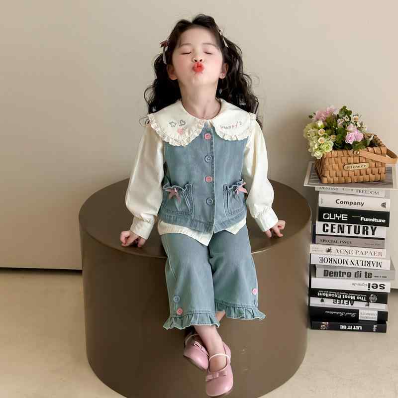 子供用ジーンズセットアップ 春秋 女の子 ベビー ドール襟 ベスト 3点セット 長袖 長ズボン ブルージー..