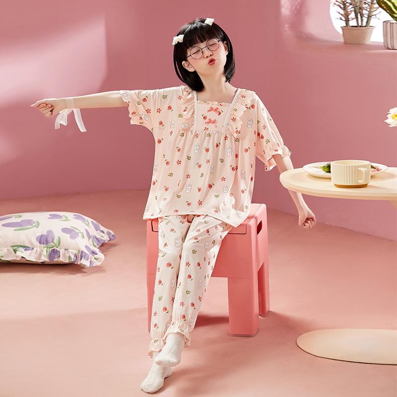 子供用パジャマ 女の子 女児向け 綿100％ 半袖長ズボン 薄手 通気性 カートーン プリンセススタイル ホームウェア 上下セット