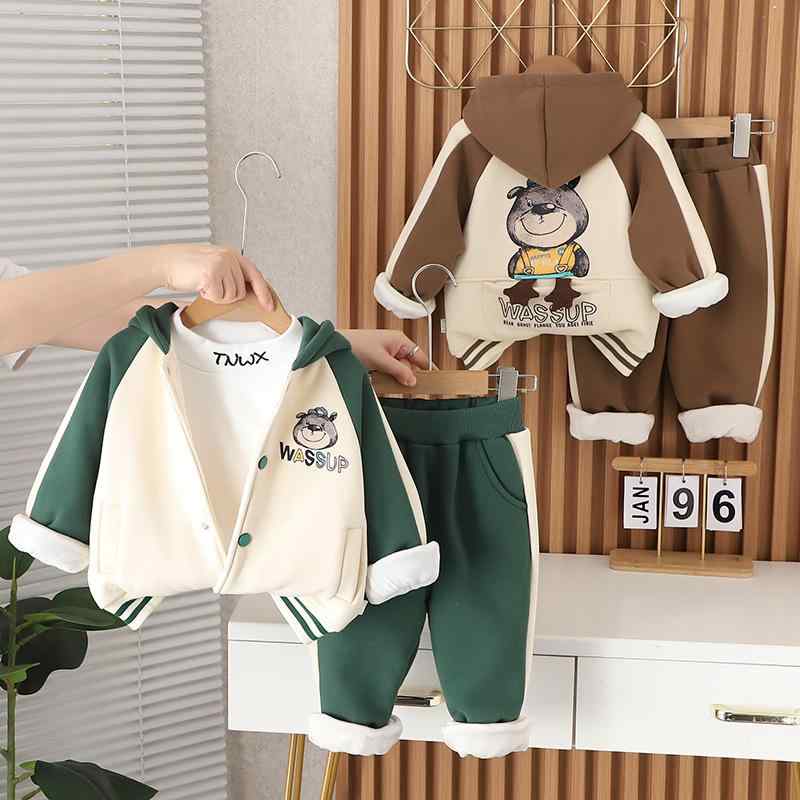 キッズ 冬用 スウェット セットアップ 3点セット 裏起毛 男の子 長袖 長ズボン 上下セット 幼児 普段着 部屋着 防寒着 厚手 綿 カートーン柄 かわいい 80 90 100 110 120cm