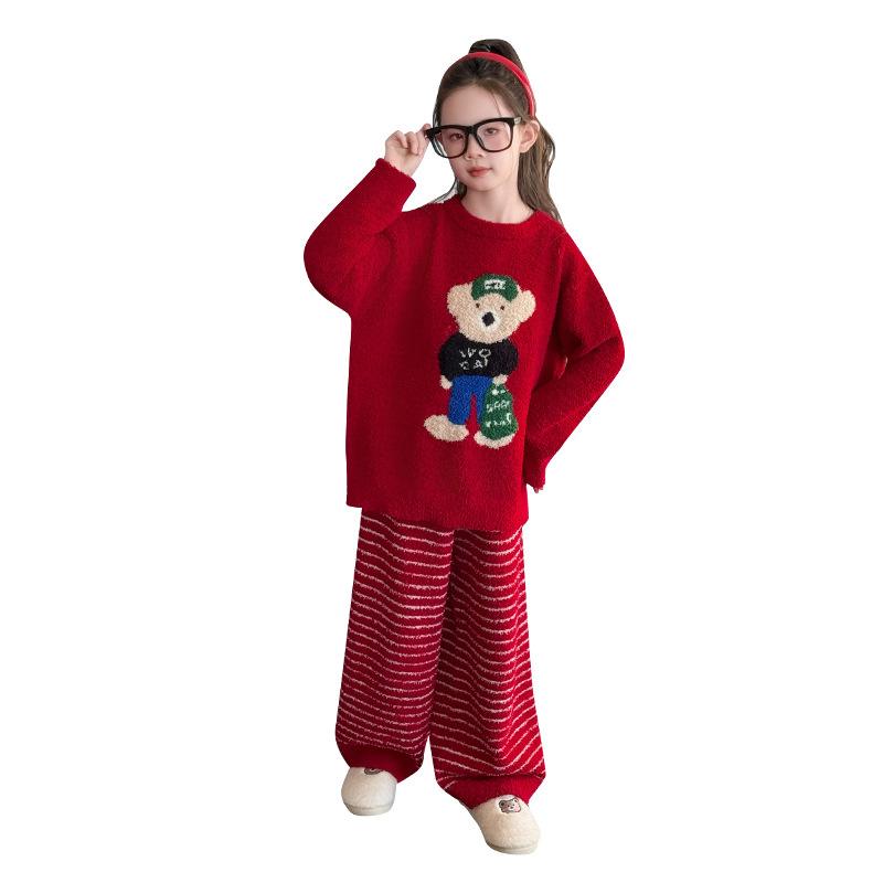 子供用パジャマ 秋冬 女の子 暖かい 厚手 ハーフ起毛 部屋着 ゆったり ストライプ柄 cartoon柄 ポリエステル