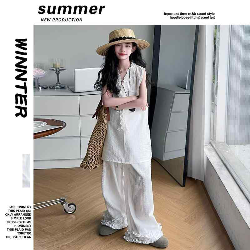 子供用パンツセット ノースリーブトップス ワイドレッグパンツ 春夏 韓国風 ポリエステル混紡 ホワイト 130cm 140cm 150cm 160cm 170cm